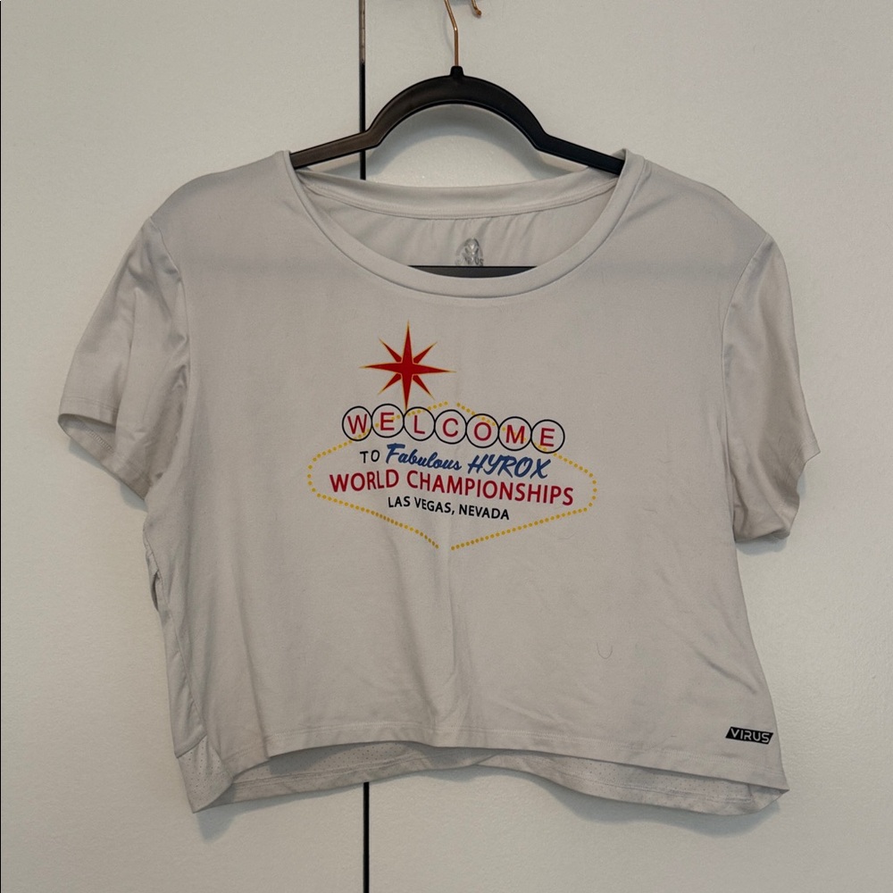 Virus White Crop Tee with Multicolor Las Vegas HYROX Graphic